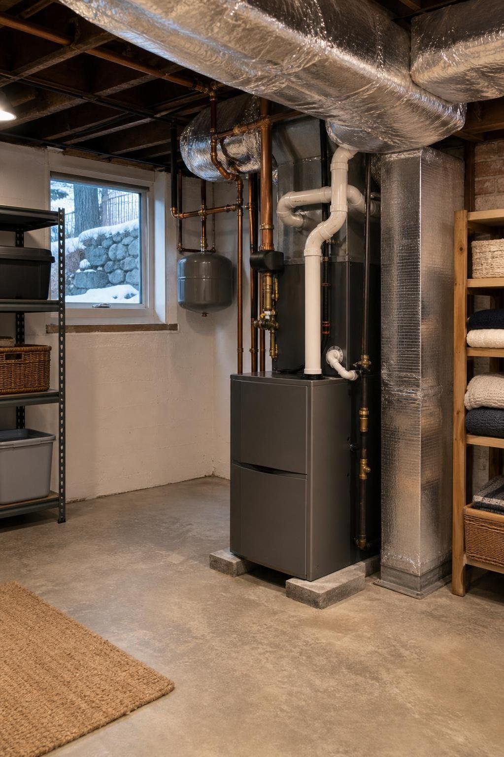 A basement mechanical room with a large HVAC/furnace unit, exposed ductwork, copper and white piping, shelving, and a window showing snow outside.